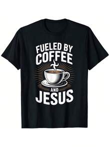 Fueled By Coffee And Jesus Inspirational Quote T Shirt Short Sleeve Top Casual Wear Daily Outfit Piece - Black - View 2