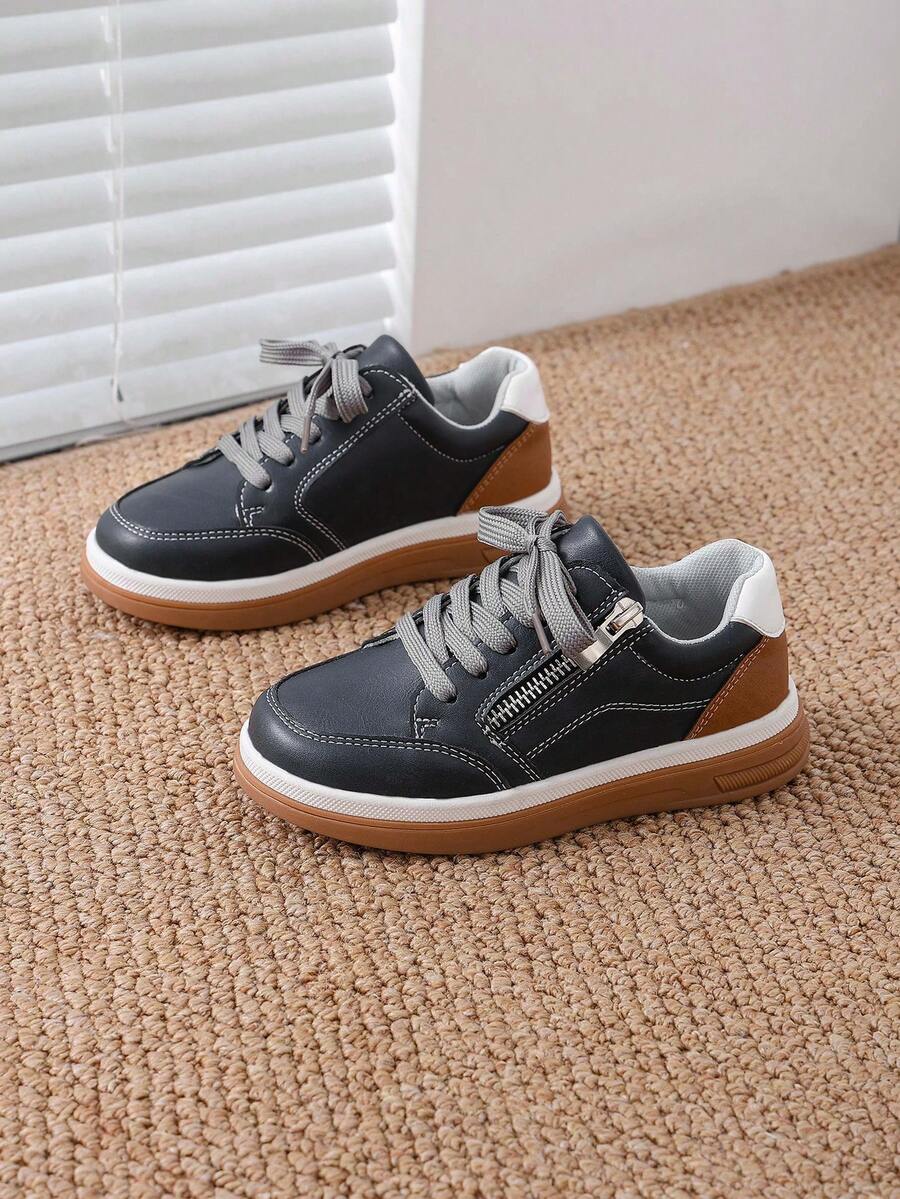 1 Pair Kids' Vintage Colorblock Side Zipper German Trainer Sneakers ...
