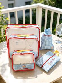 Blue Gingham Travel Storage Bag Multi-Size Travel Clothes Bag Set Mesh Packing Cubes Foldable Portable Luggage Organizer Pouches Suitcase Storage Kit - Baby Blue - View 2