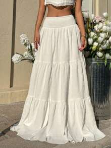 Women's Fashion Vacation Elegant Bohemian Shirred Waist Beach Evening Date Vacation Skirt White Summer - White - View 4