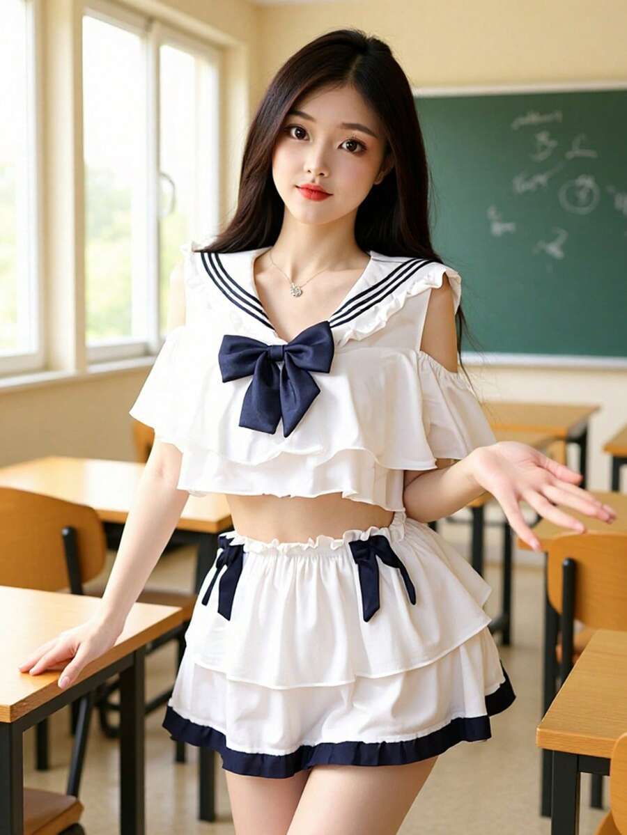 一套(上衣*1 + 裙子*1)学生水手服,可爱套装(建议体重80-120磅),不含袜子,条纹蝴蝶结藏蓝色套装,女士清新蓝白啦啦队服,角色扮演学生制服套装,校园风角色扮演服装,可爱校园JK制服,前系带女学生套装 - 白色 - 查看 1