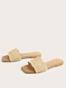 Bohemian Beach Vacation Style Open Toe Open Heel Apricot Slip-On Crochet Linen Slip-On Flat Sandals - Apricot - View 3