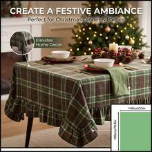1pc Brown Green Beige Classic Scottish Plaid Tablecloth, Natural Vintage Style Fabric, Rectangular With Ruffle Edge And Pleated Detail, Decorative And Functional For Home Long Table, Suitable For Christmas, Family Dinner, Party And Winter Holiday Home Decor - Dark Green - View 14