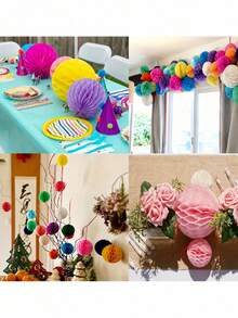 5Pcs Honeycomb Flower Balls, Decorated With Thin Paper Pompoms, Suitable For Birthdays, Weddings, And Home Decoration, Christmas, Thanksgiving, New Year, And For Window Decoration - Multiple Styles - View 6