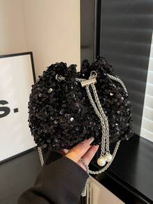 1件冬季新款豹紋棕色不對稱單肩包，毛絨材質金屬鏈條水桶包，適合派對、工作、通勤、購物、約會，聖誕禮物 - 黑色 - 查看 7