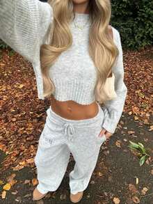 Women's Solid Color Casual Short Knitted Sweater And Pants 2 Pieces Set, Autumn/Winter Fall - Dark Grey - View 4