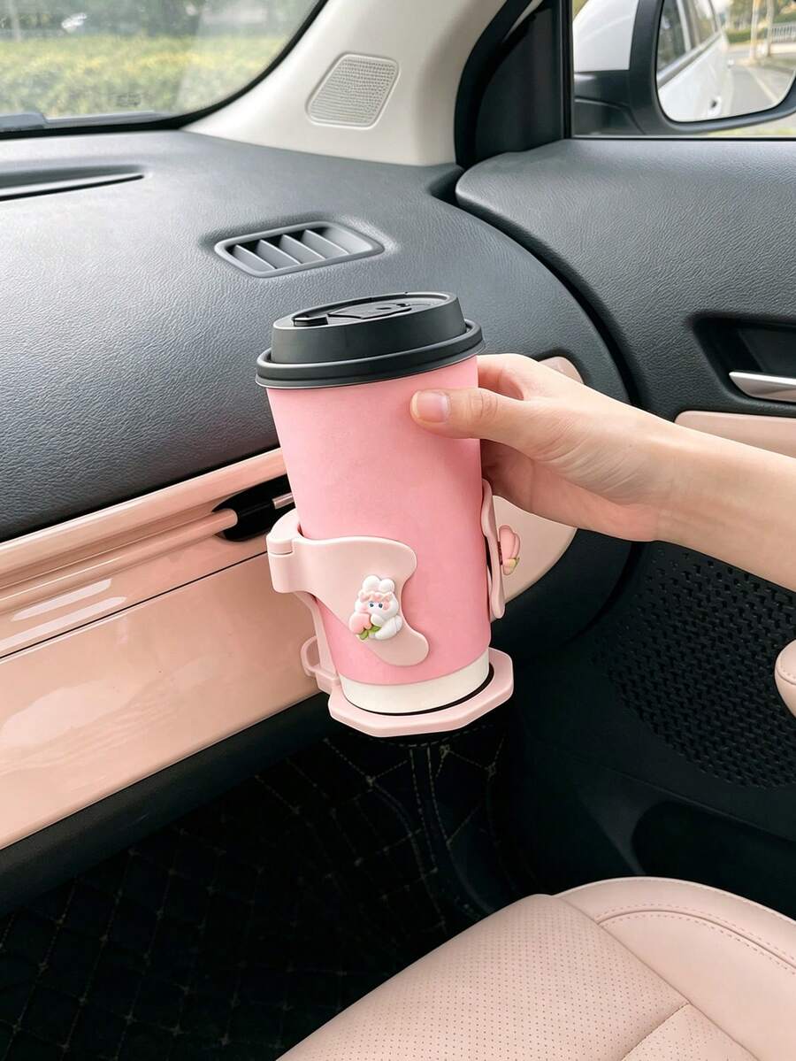 Cute Cartoon Rabbit Car Cup Holder, Air Vent Mount Water Bottle Storage Rack, Adjustable Car Cup & Coffee Mug Holder, Anti-Shake Beverage Cup Holder, Car Interior Decor Accessory - Multicolor - View 1