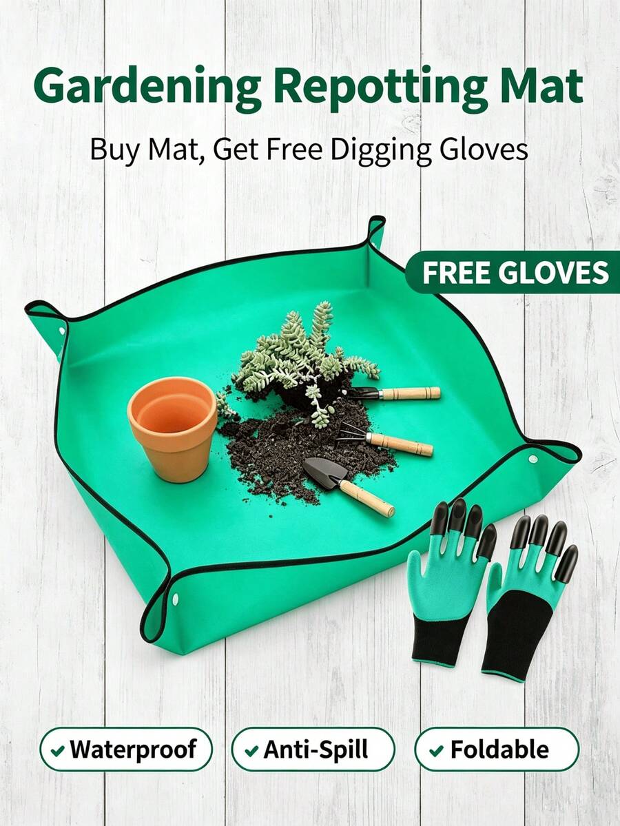 1pc Waterproof Foldable Plant Repotting Mat With Free Garden Digging Gloves, Thick PE Anti-Spill Gardening Work Tray For Succulent Flower Transplanting Soil Mixing Gardening Repotting Mat + Free Garden Claw Gloves