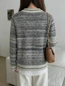 Autumn/Winter Contrast Color Striped Crew Neck Knit Sweater, Relaxed Daily Inner/Outer Layering Piece, Mixed Yarn Textured Soft Breathable Fabric, Fitted Drop Shoulder Cut Concealing Body Shape And Slimming, Horizontal Stripes With Rich Layered Visuals - Grey - View 2