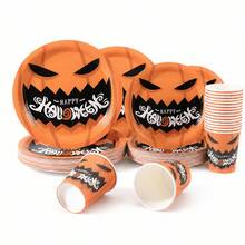 10/30/50 Piece Set /Retro Orange Jack O Lantern Pumpkin Face 7/9 Inch Round Paper Plates And Cups Set,Pumpkin Graphic Detail For Fast Table Setup,Disposable Paper Tableware For Halloween Party,Spooky Season,Dessert Table,Outdoor Picnic,Camping BBQ - Multicolor - View 4