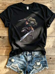 Casual Streetwear Style, Women's T-Shirt, Anime Sword Warrior Graphic Print, Summer Daily Wear, Gift For Girlfriend Or Friend - 黑色 - 查看 2