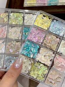 12 Grids Natural Abalone Shell Flakes Nail Charms, Aurora Rainbow Mother Of Pearl Slices Multicolor Irregular Thin Shell Fragments,Summer Mermaid Ocean Nail Art Decorations For Hand Manicure ,DIY Nail Salon Resin Craft Jewelry Making Accessories - Multicolor - View 7