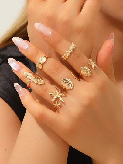 6pcs/Set Ocean Style Shell & Starfish Asymmetrical Rings, Women's Fashion Jewelry, Suitable For Daily, Party, Vacation Wear
