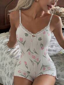 Women's Floral Print Camisole One-Piece Comfortable Pajamas - White - View 4