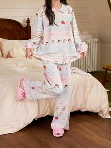 Gongdie 2pcs Snoopy Women's Pajama Set, Spring/Autumn Soft Cotton, Lace Trim Light Blue & Pink Colorblock Striped Loungewear - Baby Blue - View 8