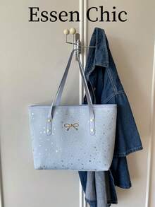 1pc Blue Large Capacity Star Pattern Nylon Tote Bag Women's Shoulder Bag - Blue - View 7