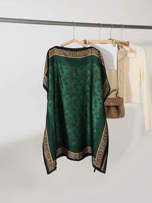 Women's Bohemian Emerald Green Leopard Print Satin Long Robe Beach Cover-Up, Loose Batwing Sleeve Pullover Swimwear Robe - Green - View 2