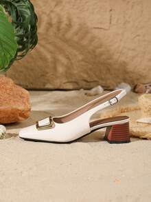 French Style New Glossy Solid Color Low Vamp Women's Chunky Heel High Heel Sandals - Apricot - View 6
