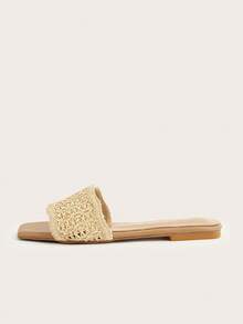 Bohemian Beach Vacation Style Open Toe Open Heel Apricot Slip-On Crochet Linen Slip-On Flat Sandals - Apricot - View 2