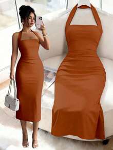 Women Midi Dresses - 焦橙色 - 查看 1