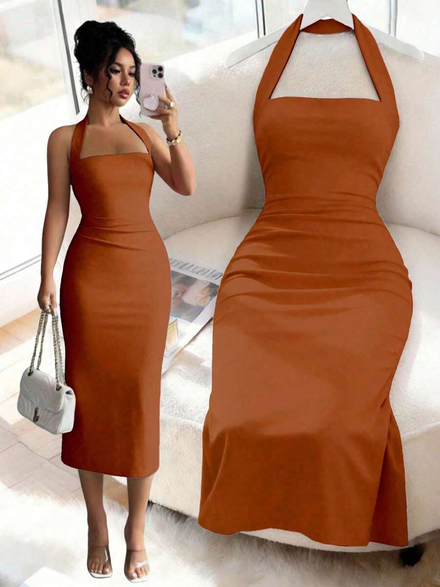 Women Midi Dresses - 焦橙色 - 查看 1
