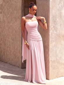 UNITHORSE Women's Chiffon Halter Backless Dress For Evening Gown - Pink - View 1
