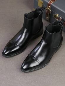Men's Chelsea Boots High-Top British Style Black Pointed Toe Leather Shoes Boots Mid-Calf Ankle Boots - Black - View 4