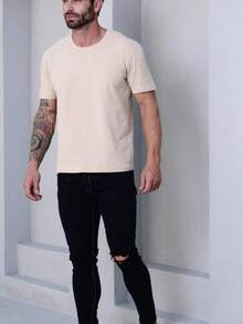 Men's Basic T-Shirt, Plain Cotton, Premium Peruvian Knit - 米色 - 查看 3
