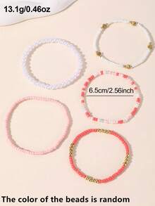 5pcs/Set Girls Pearl Seed Bead Heart Shaped Bracelet Set Combination Suitable For Daily Decoration - Pink - View 5