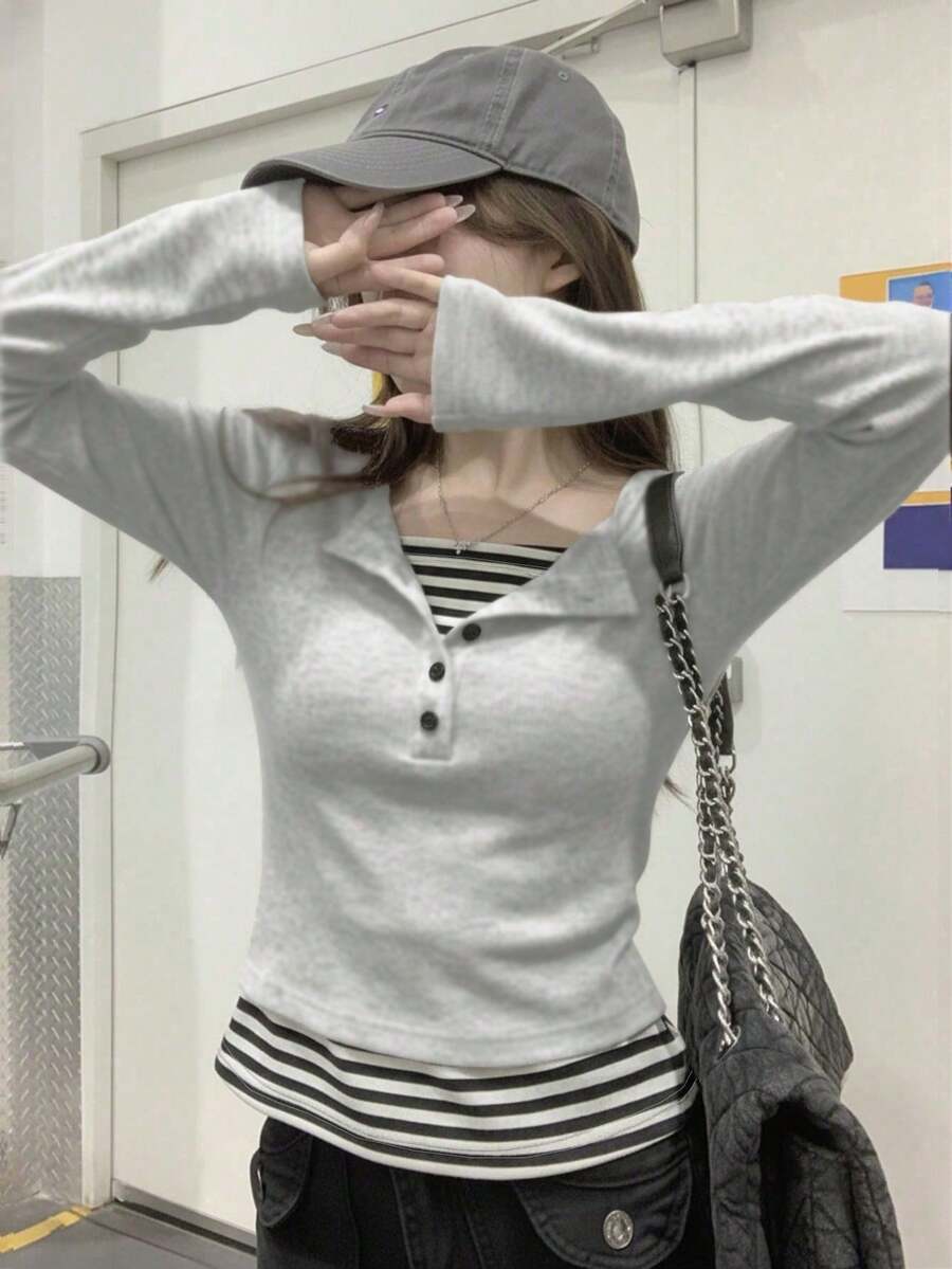 韓式修身對比色條紋拼接鈕扣設計女款內搭T恤上衣 - 花灰色 - 查看 1