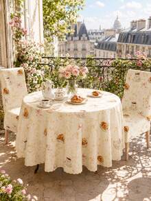 3/5/7pcs Ivory French Cafe Tablecloth And Chair Cover Set, Coffee Cup, Croissant, Pink Bow And Floral Swirl Print Polyester Round Table Cover With Matching Dining Chair Covers For Kitchen, Tea Party, Brunch, Wedding And Home Decor - C - View 4