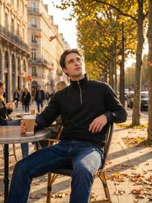 Men's High Neck Sweatshirt With Half Zip - 2026 , Casual Chic Style - preto - 查看 2