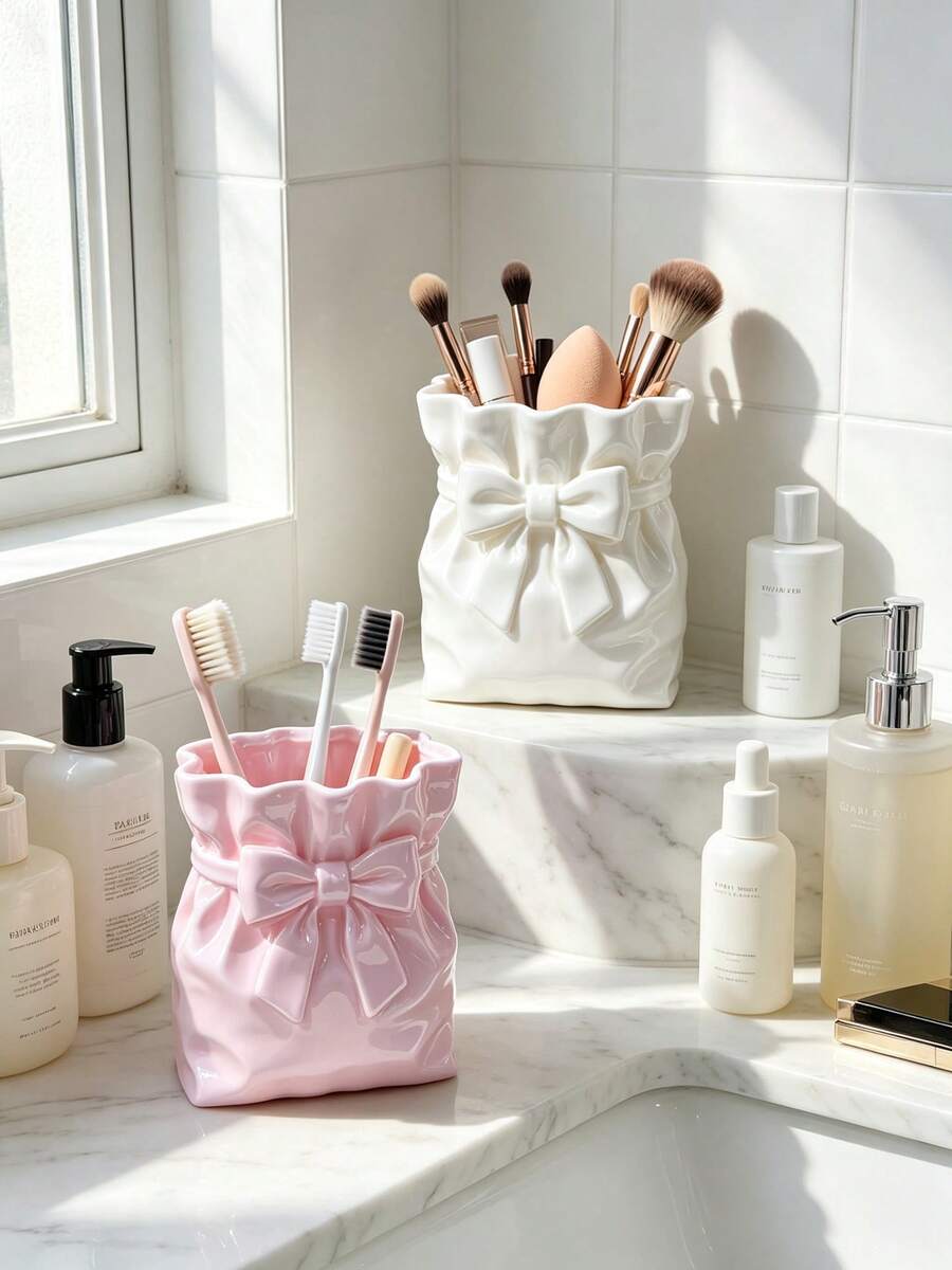 1pc Pink & White Bow Makeup Brush Storage Box, Durable Vinyl Desktop Cosmetic & Jewelry Organizer, Cute Style Vanity Tray, Bedroom Dresser Cute Girly Home Decor Accessory, Suitable For Eyeshadow Palettes & Lipsticks - Multicolor - View 1