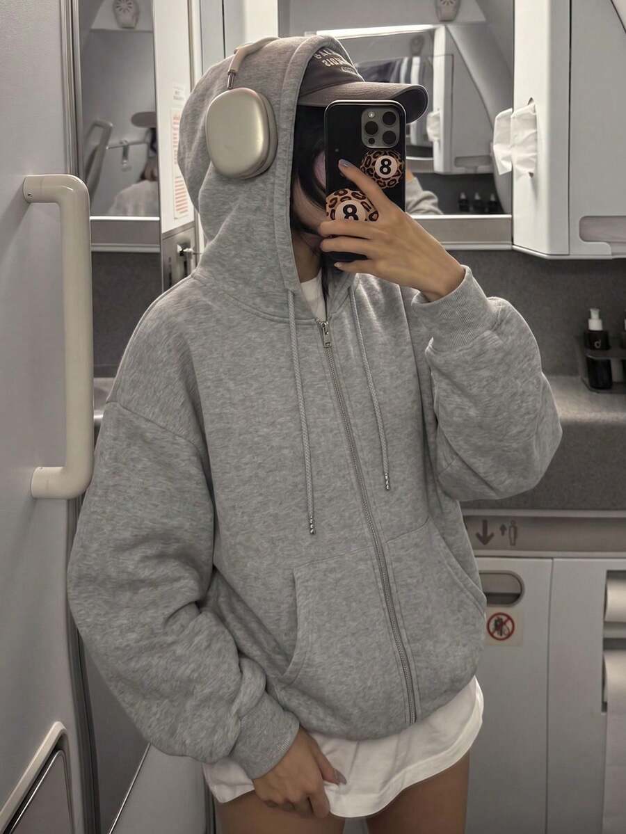 女款秋冬新款極簡字母印花休閒時尚百搭保暖內裡衛衣 - 灰色 - 查看 1