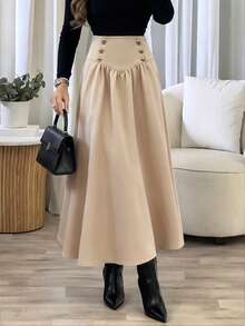 ANCHOSE Women's Autumn Khaki Elegant French Style Mid-Length A-Line Skirt With Double-Row Gold Button Decor, High Waist, Suitable For Office/Daily/Date Occasions - Khaki - View 4