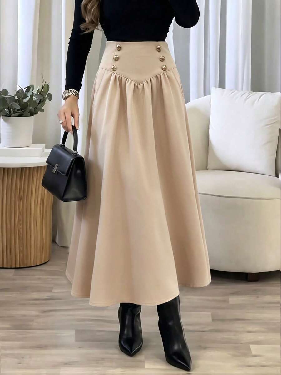 ANCHOSE 女款秋季卡其色優雅法式中長款A字裙,雙排金鈕扣裝飾,高腰設計,適合辦公/日常/約會場合 - 卡其色 - 查看 1