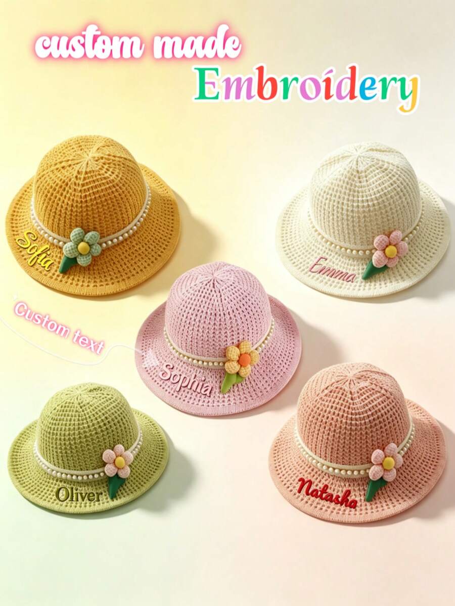 Customizable Embroidered Name Knitted Sun Hat, Cute 3D Flower & Pearl Decor Wide Brim Bucket Hat, Hollow Out Breathable Summer Outdoor Straw Hat, Personalized Text Sun Protection Bucket Hat For Girls, Suitable For Daily Commute/Outdoor Activities, Outings And Holiday Events, Gift For Her - Multicolor - View 1