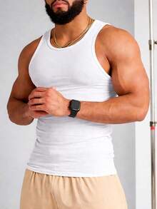 Men's Ribbed Slim Fit Tank Top, American Style, Gym/Fitness - Blanco - Ver 6