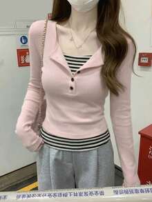 韓式修身對比色條紋拼接鈕扣設計女款內搭T恤上衣 - 粉色 - 查看 4