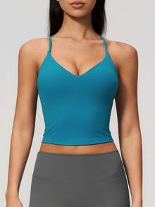 NcmRyu Women's 1pc Solid Color Adjustable Thin Criss-Cross Back Strap V-Neck Waist-Exposing Camisole - Blue - View 6