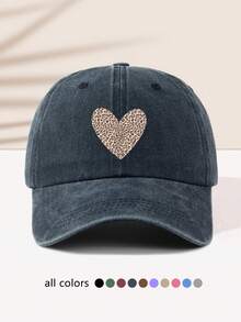 1pc Women's Leopard Print Heart Pattern Outdoor Sports Washed Distressed Fashion Beach Travel Adjustable Soft Top Baseball Cap - A - View 10