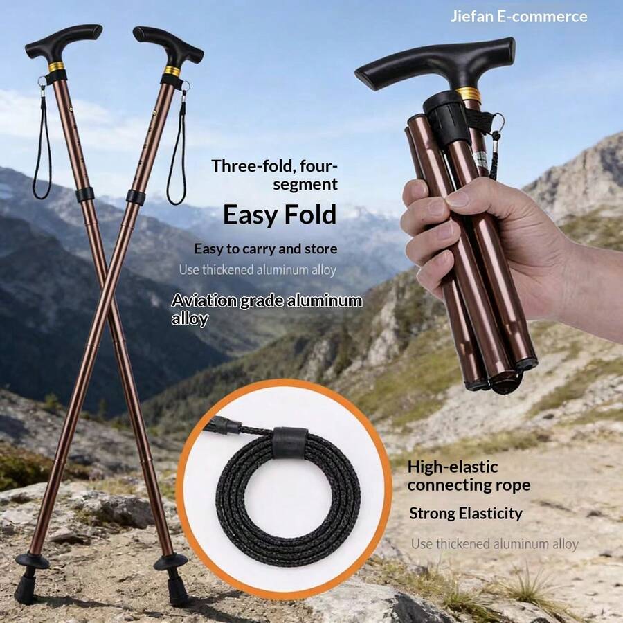 1pc 4-Section Folding Aviation Aluminum Alloy Hiking Pole, High Elasticity Inner Cord Telescopic Outdoor Anti-Slip Walking Stick