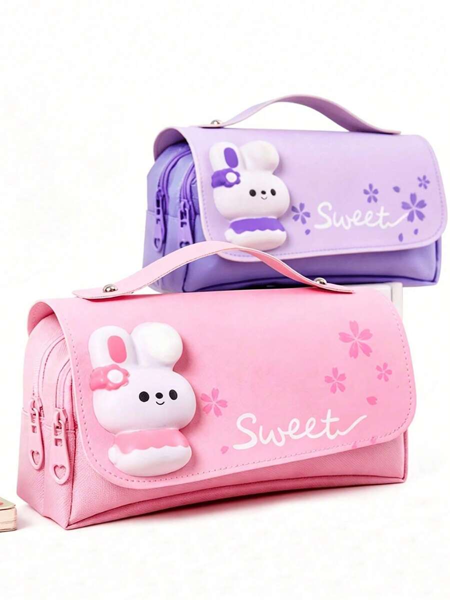 1pc Large Capacity Cartoon Pencil Case, Cute Pencil Box, Girly Pencil Case, Three-Layer Canvas, Fresh And Cute Pencil Case, First Day Of School - Multicolor - View 1