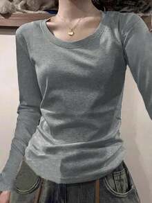 女款美式修身方肩T恤，小眾設計，秋季 - 深灰色 - 查看 2