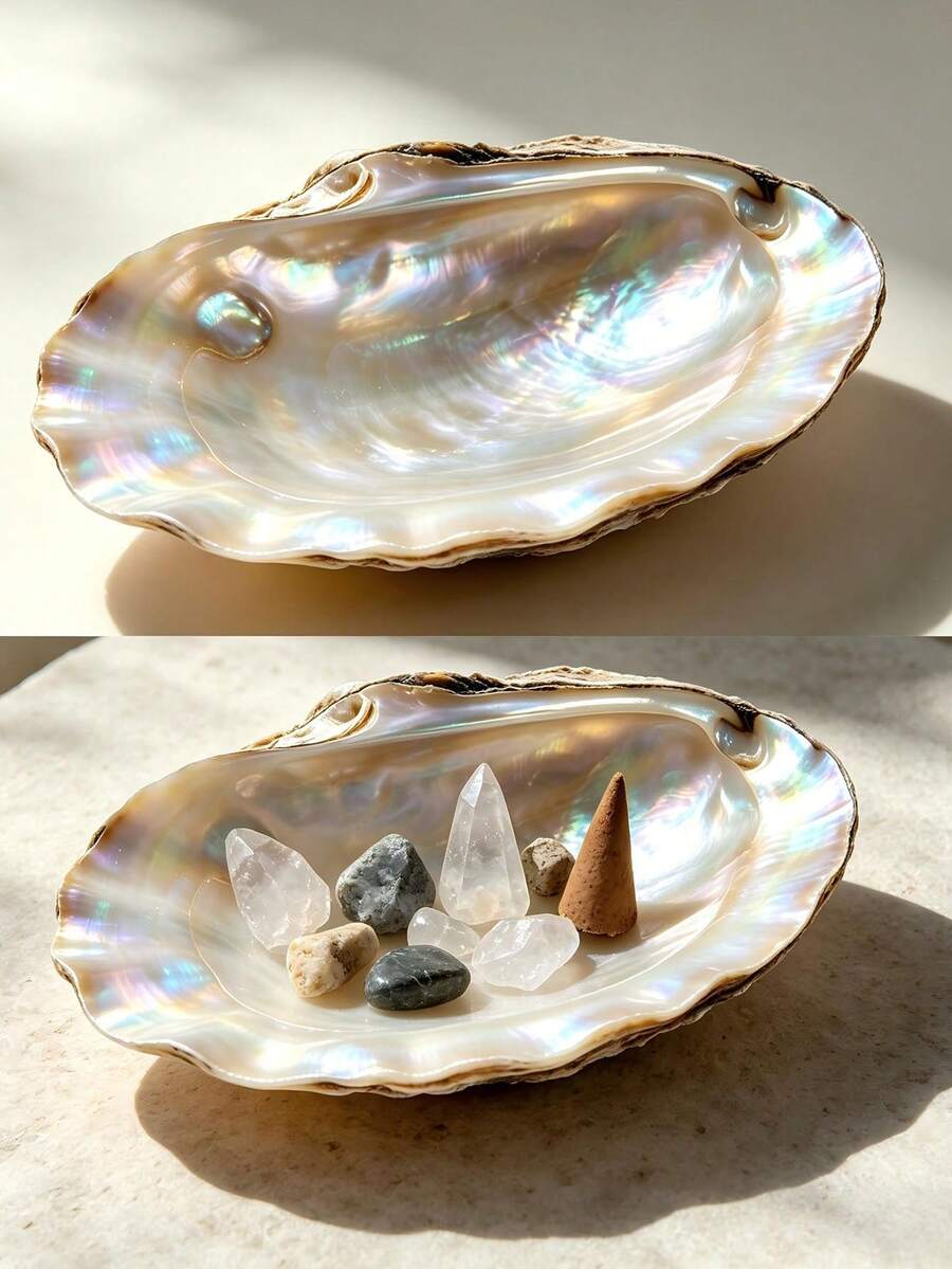 2 piezas/Set Bandeja de Joyas de Concha de Perla, Plato de Joyas de Concha Iridiscente, Adecuado para Anillos, Aretes, Collares, Caja de Almacenamiento de Tocador Decoración del Hogar - A - Ver 1