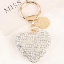 1pc Full Rhinestone Heart-Shaped Keychain, Women's Handbag Pendant, Solid Color Crystal Key Ring, Couple Heart-Shaped Keychain - View 1
