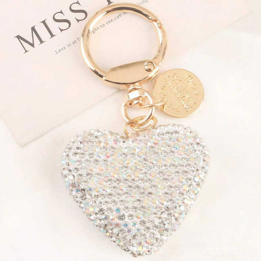 1pc Full Rhinestone Heart-Shaped Keychain, Women's Handbag Pendant, Solid Color Crystal Key Ring, Couple Heart-Shaped Keychain - View 1