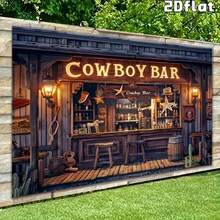 1pc 2D Flat Vintage Western Cowboy Bar Backdrop, Rustic Wooden Bar Design With Barrels And Stools, Durable Polyester Fabric, Suitable For Theme Party, Autumn/Winter Events - Multicolor - View 3