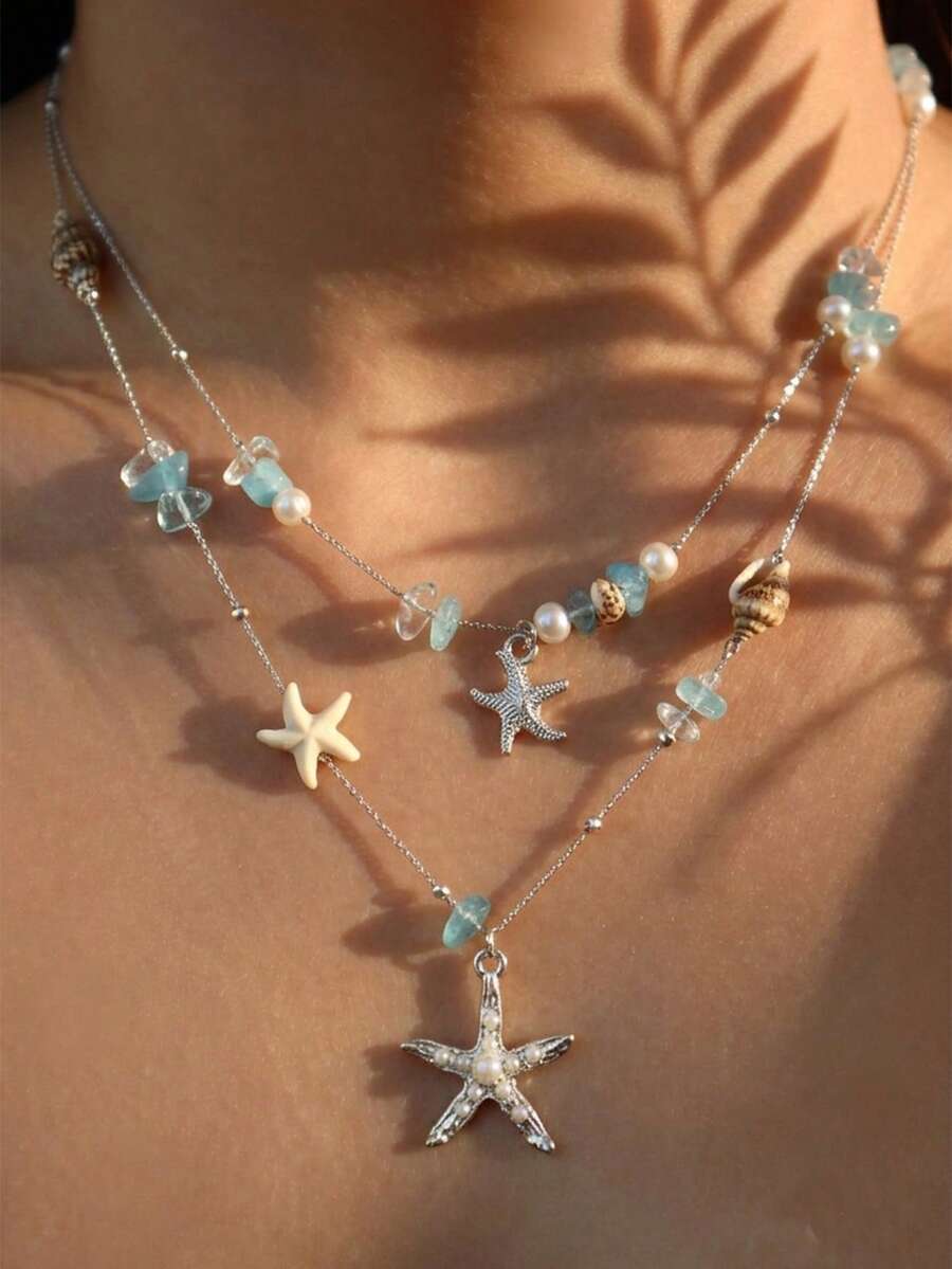 1件精緻海星與貝殼海洋風多彩金屬項鍊,適合女性,適用於派對、舞會、聚會、海灘度假 - 彩色 - 查看 1