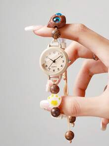 Women's Adjustable Beaded Strap Watch With Cat Head Accessory, Beige Digital Dial, Niche Quartz Wristwatch, Gift For Girlfriend (1pc/Set) Watch Box Not Included - Brown - View 1